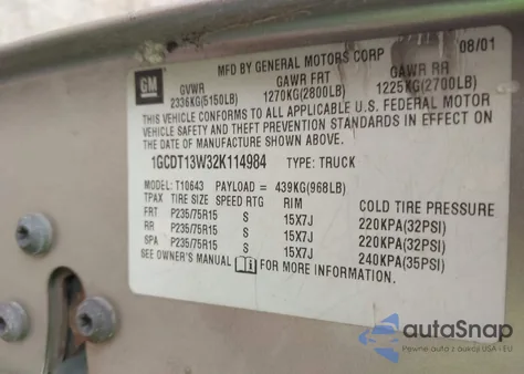 2002 Chevrolet S-10 Ls z USA, uszkodzony, nr VIN 1GCDT13W32K114984